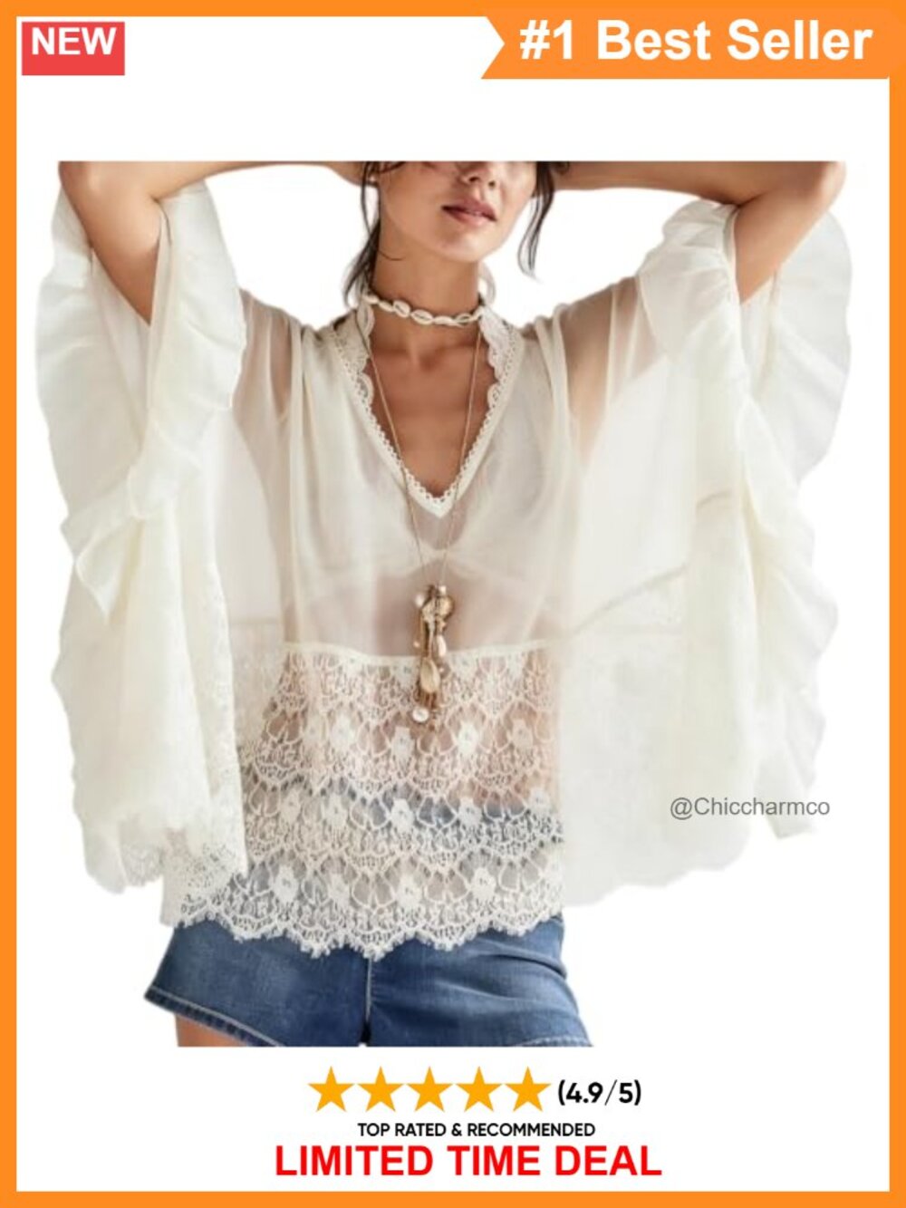 Ruffle Lace Trim Flowy Boho Blouse Semi-Sheer Button Down Top
